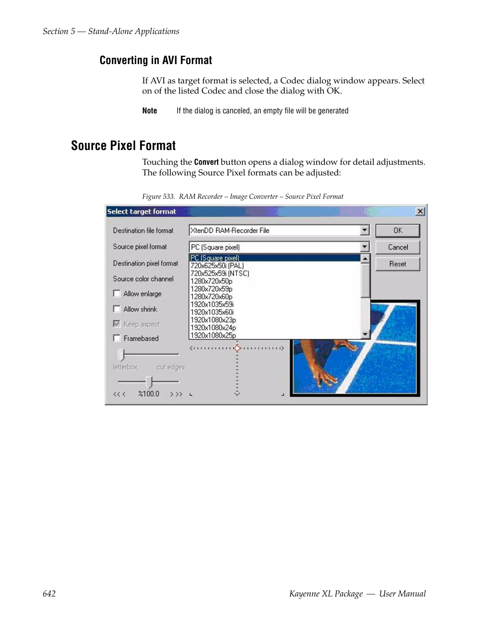 Converting in avi format, Source pixel format | Grass Valley Kayenne XL Package v.7.0.4 User Manual | Page 644 / 663