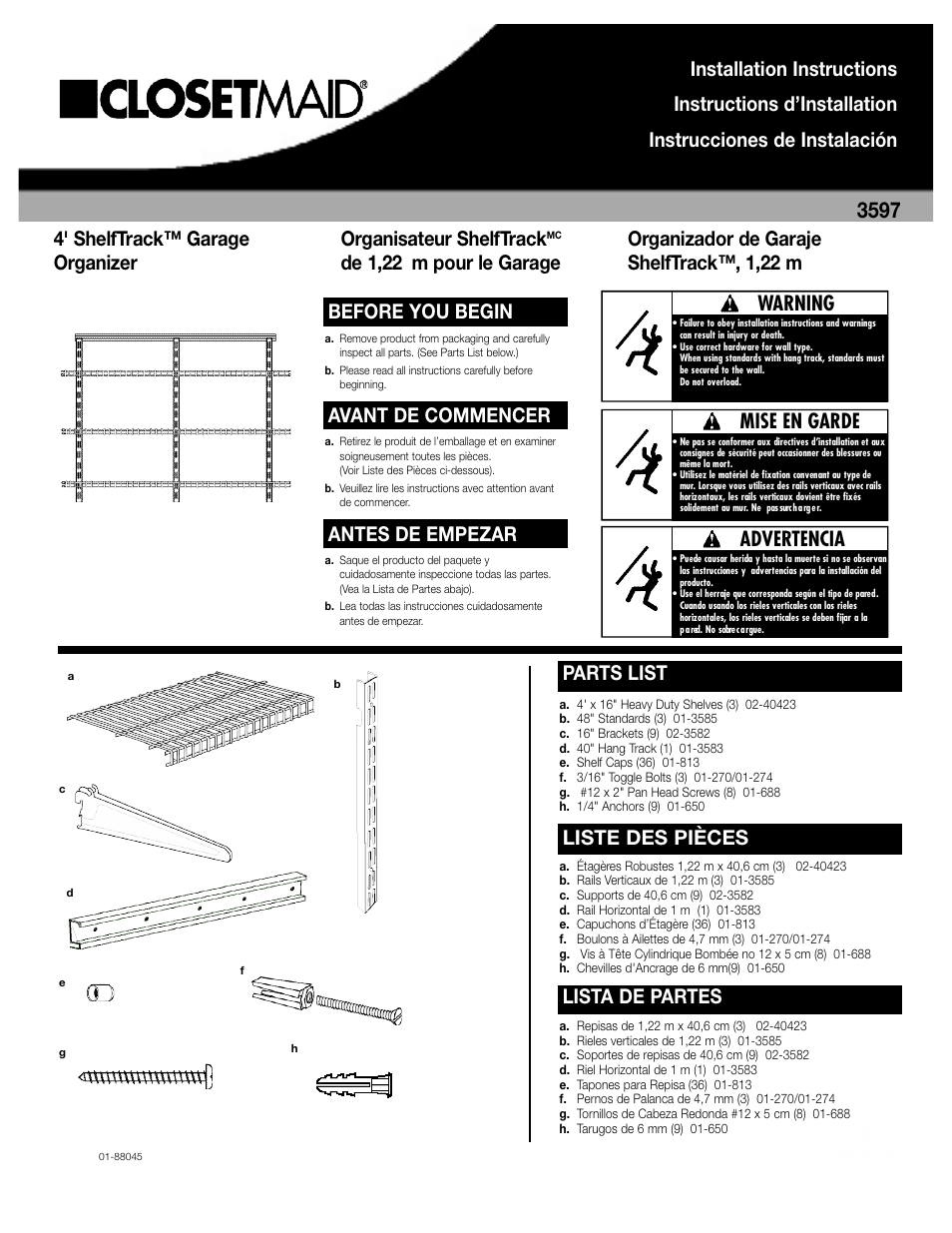Closet Maid 4' ShelfTrack Garage Organizer 3597 User Manual | 4 pages