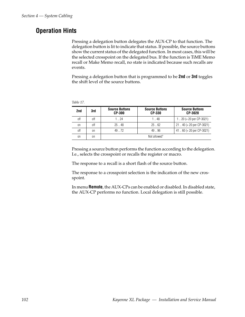 Operation hints | Grass Valley Kayenne XL Package Installation v.7.0.4 User Manual | Page 102 / 198