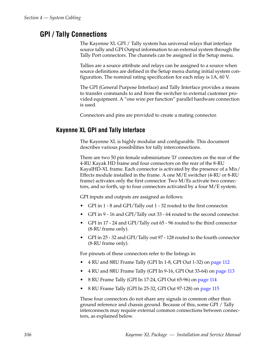 Gpi / tally connections, Kayenne xl gpi and tally interface | Grass Valley Kayenne XL Package Installation v.7.0.4 User Manual | Page 106 / 198