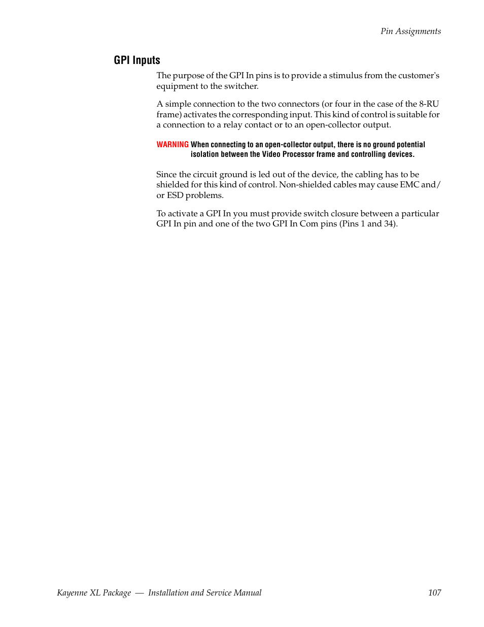 Gpi inputs | Grass Valley Kayenne XL Package Installation v.7.0.4 User Manual | Page 107 / 198