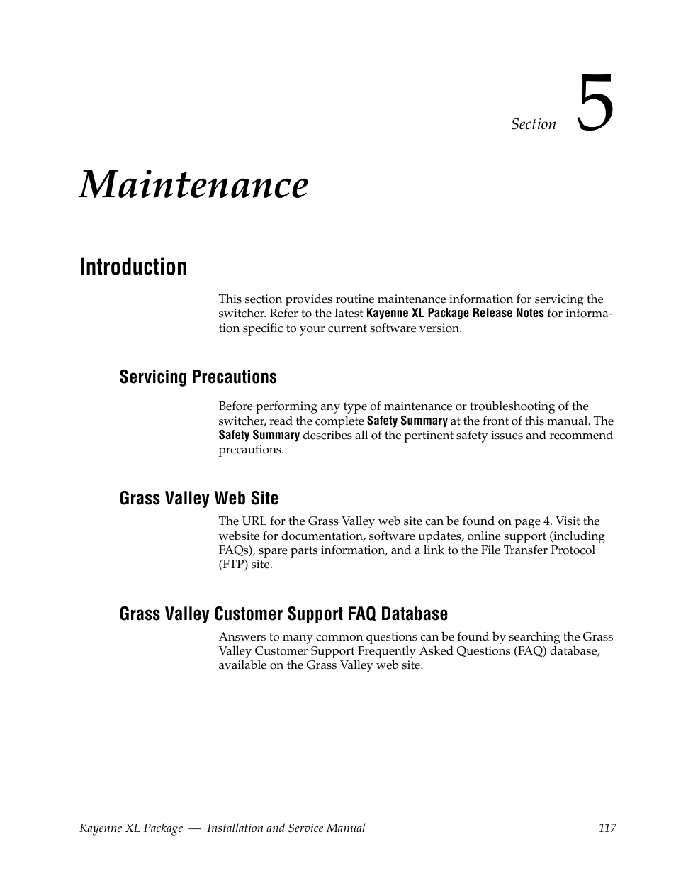 Maintenance, Introduction, Servicing precautions | Grass valley web site, Grass valley customer support faq database, Section 5 — maintenance | Grass Valley Kayenne XL Package Installation v.7.0.4 User Manual | Page 117 / 198