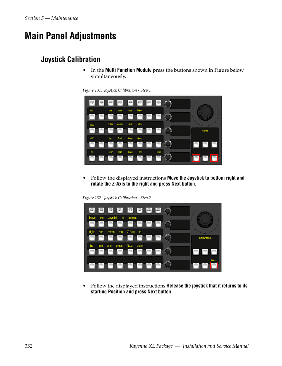 Main panel adjustments, Joystick calibration | Grass Valley Kayenne XL Package Installation v.7.0.4 User Manual | Page 152 / 198