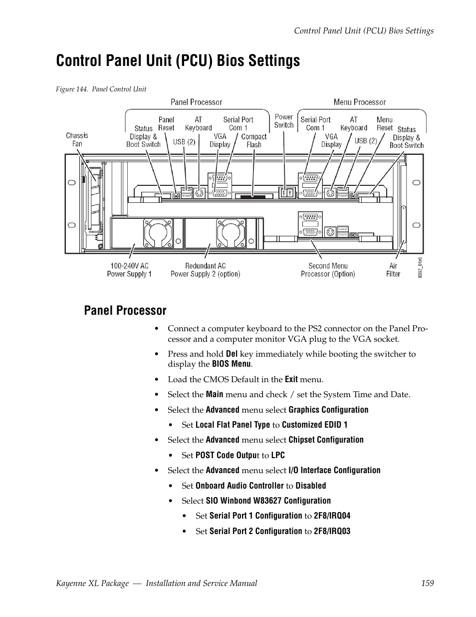 Control panel unit (pcu) bios settings, Panel processor | Grass Valley Kayenne XL Package Installation v.7.0.4 User Manual | Page 159 / 198