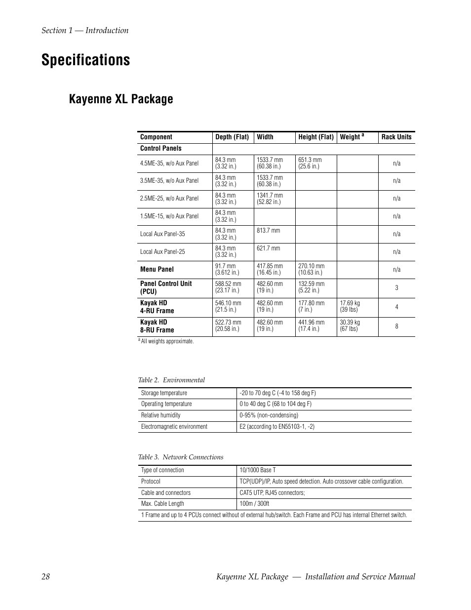 Specifications, Kayenne xl package | Grass Valley Kayenne XL Package Installation v.7.0.4 User Manual | Page 28 / 198