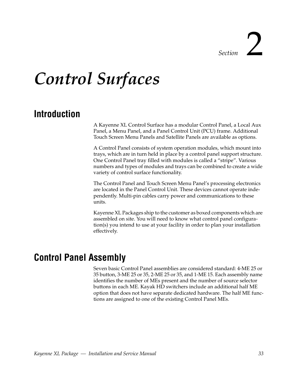 Control surfaces, Introduction, Control panel assembly | Section 2 — control surfaces | Grass Valley Kayenne XL Package Installation v.7.0.4 User Manual | Page 33 / 198