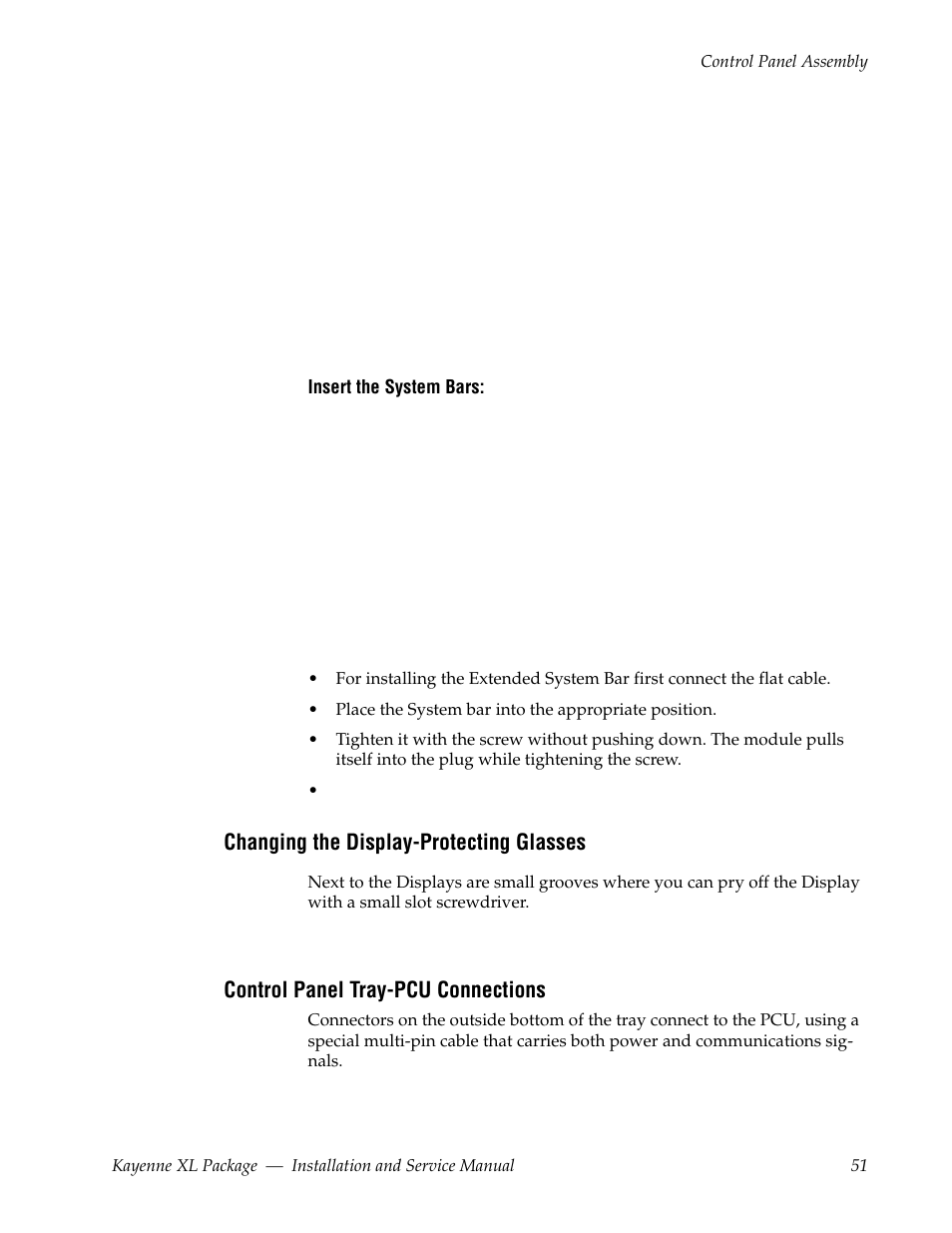 Changing the display-protecting glasses, Control panel tray-pcu connections | Grass Valley Kayenne XL Package Installation v.7.0.4 User Manual | Page 51 / 198
