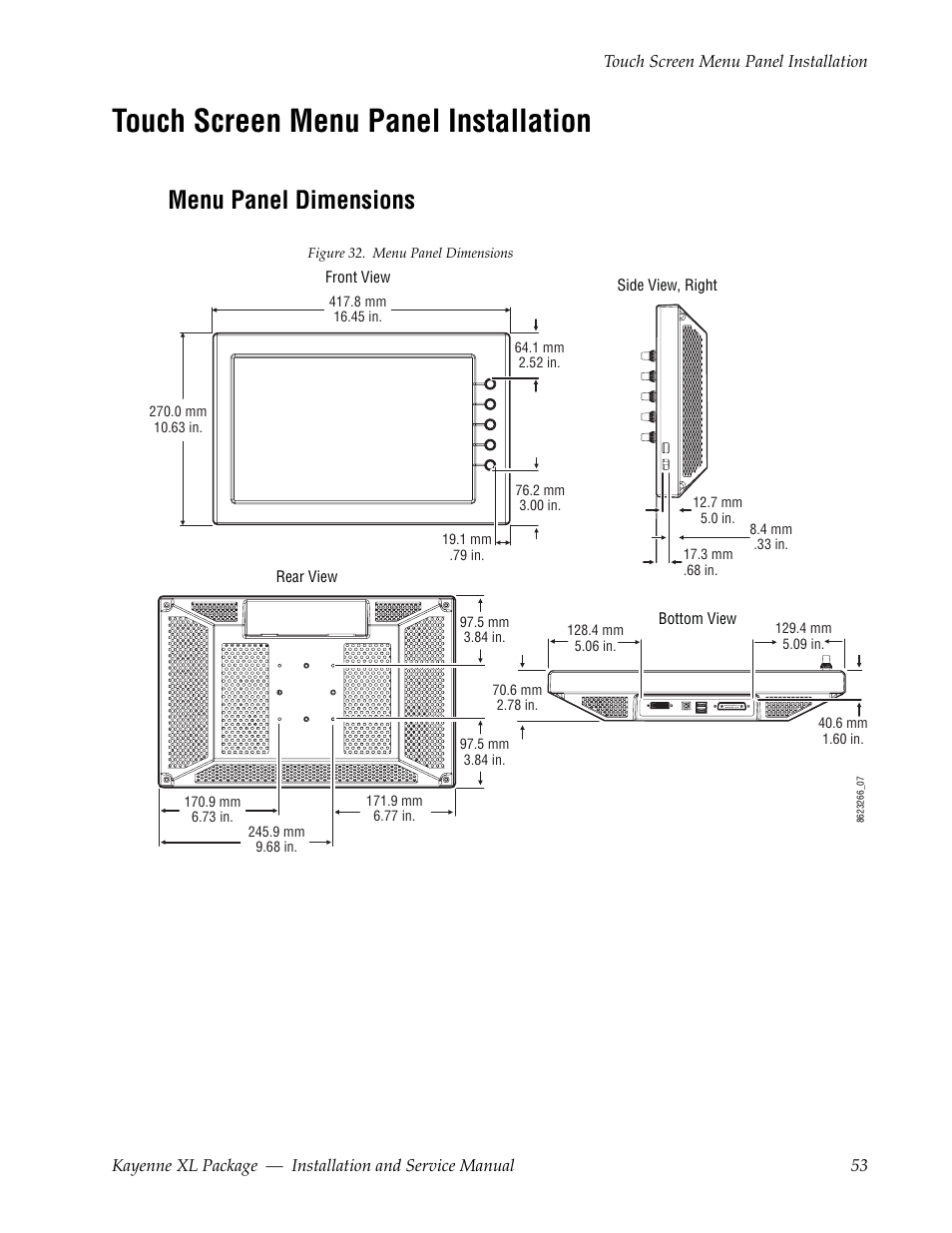 Touch screen menu panel installation, Menu panel dimensions | Grass Valley Kayenne XL Package Installation v.7.0.4 User Manual | Page 53 / 198