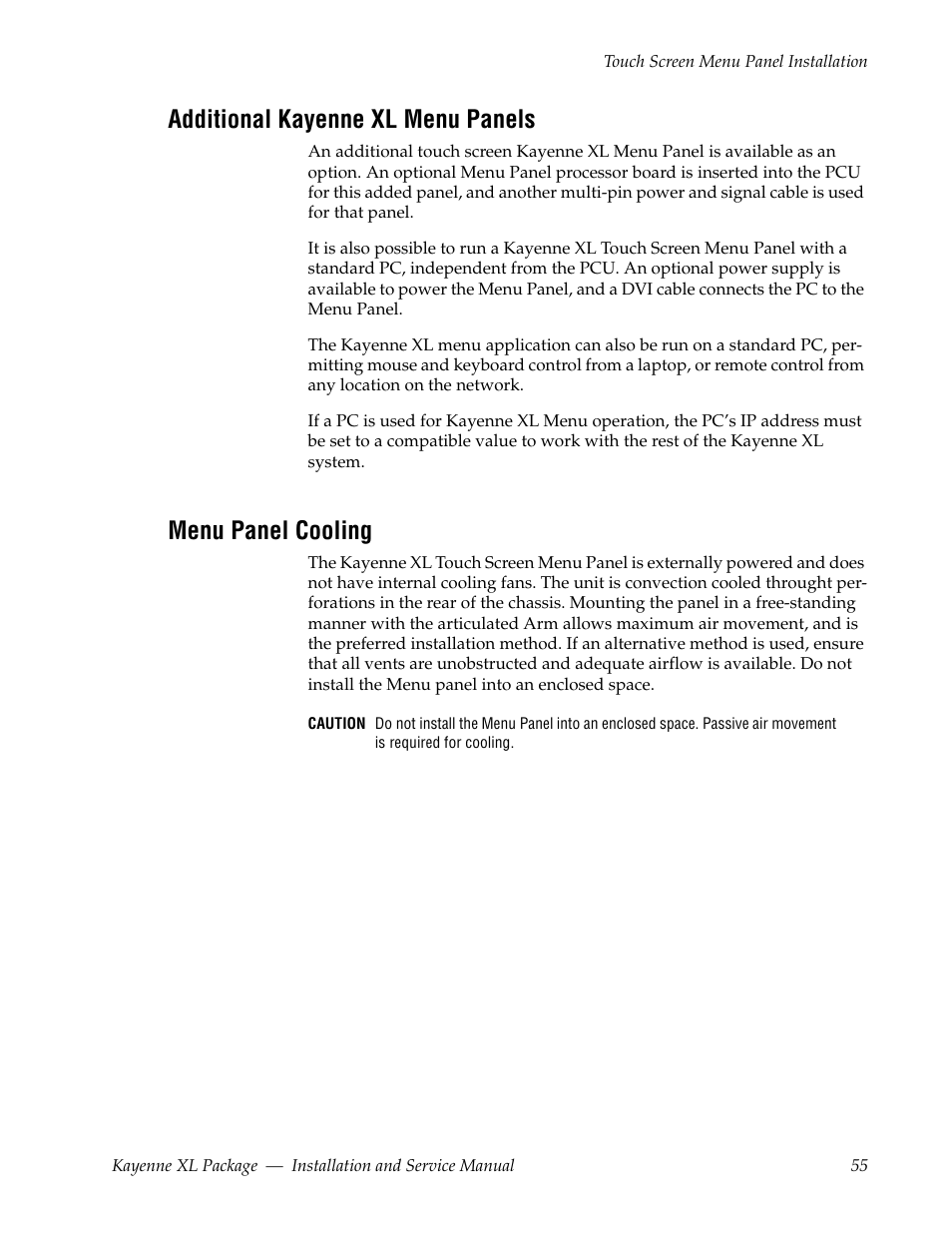 Additional kayenne xl menu panels, Menu panel cooling | Grass Valley Kayenne XL Package Installation v.7.0.4 User Manual | Page 55 / 198