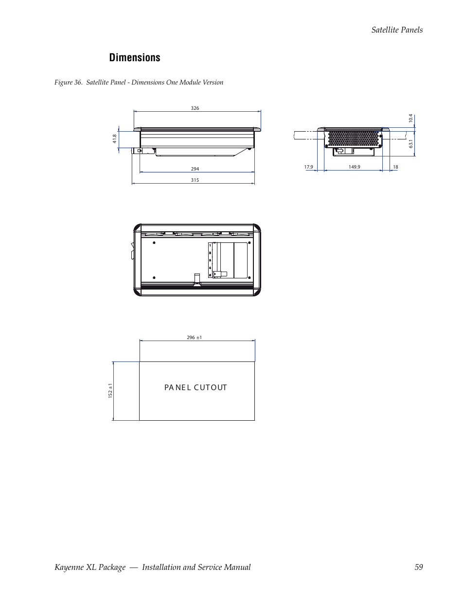 Dimensions, Pa ne l cutout | Grass Valley Kayenne XL Package Installation v.7.0.4 User Manual | Page 59 / 198