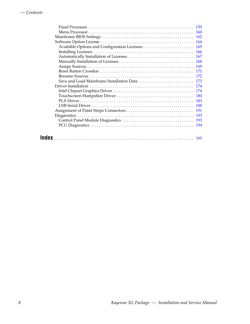 Index | Grass Valley Kayenne XL Package Installation v.7.0.4 User Manual | Page 8 / 198