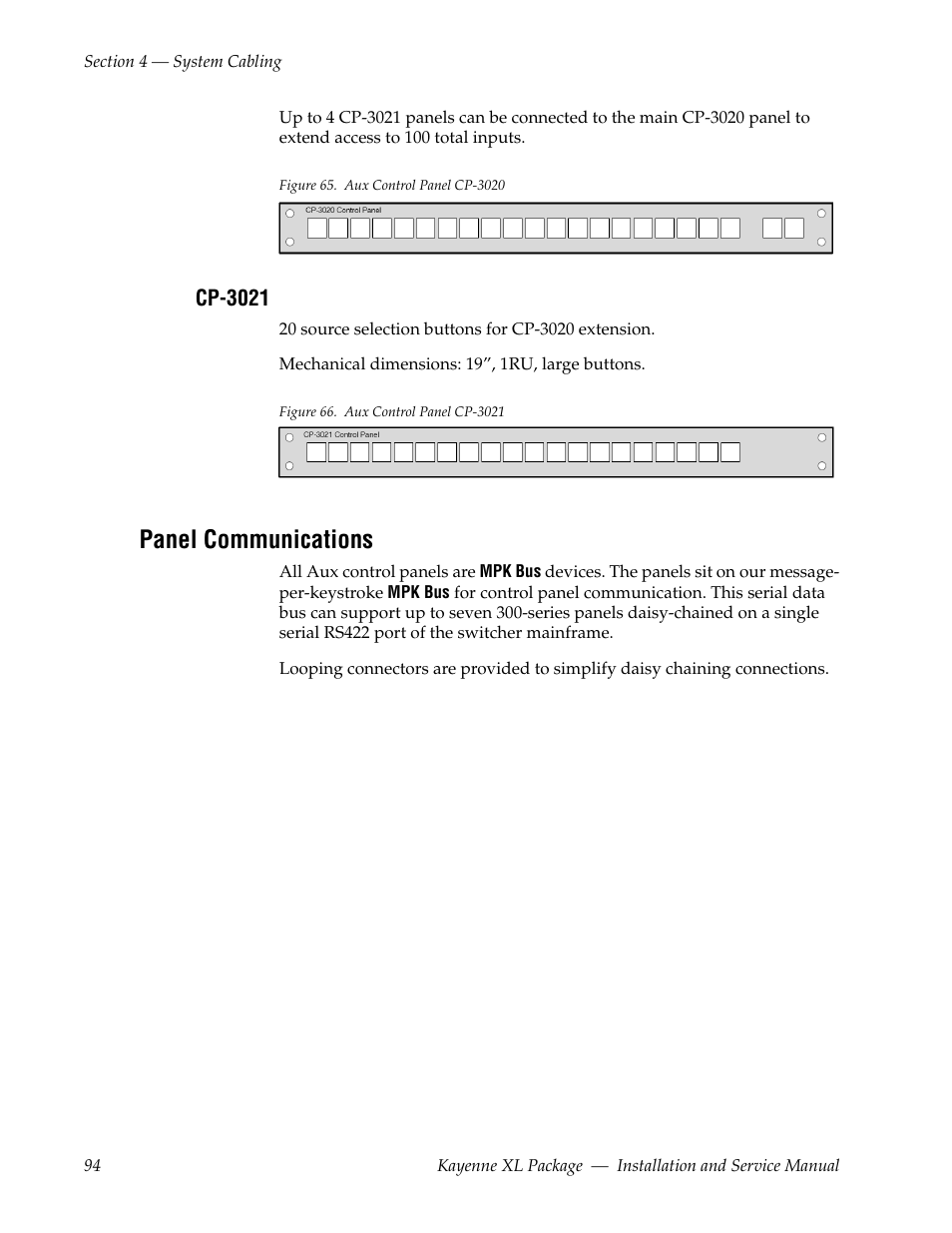 Cp-3021, Panel communications | Grass Valley Kayenne XL Package Installation v.7.0.4 User Manual | Page 94 / 198
