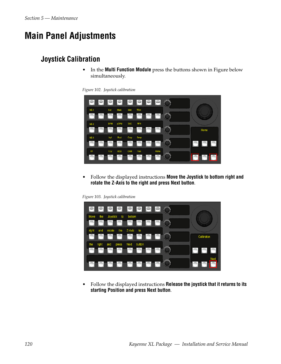 Main panel adjustments, Joystick calibration | Grass Valley Kayenne XL Package Installation v.7.0.2 User Manual | Page 120 / 164