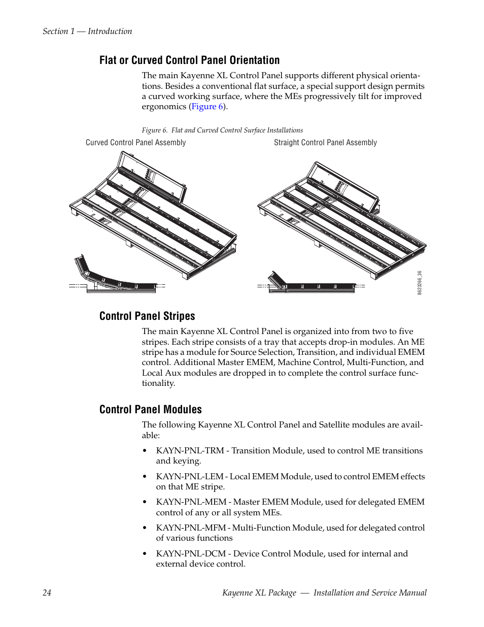 Flat or curved control panel orientation, Control panel stripes, Control panel modules | Grass Valley Kayenne XL Package Installation v.7.0.2 User Manual | Page 24 / 164