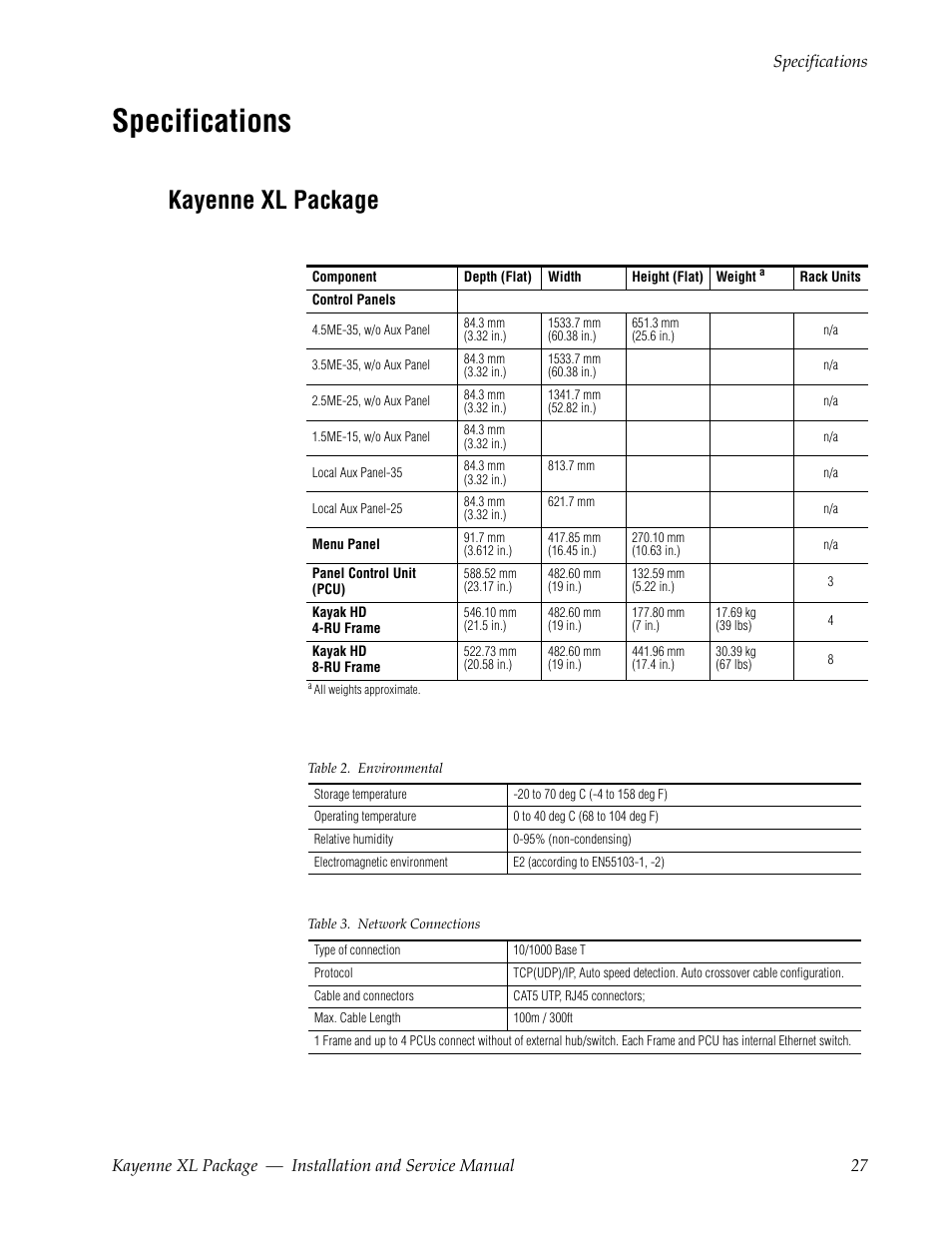 Specifications, Kayenne xl package | Grass Valley Kayenne XL Package Installation v.7.0.2 User Manual | Page 27 / 164