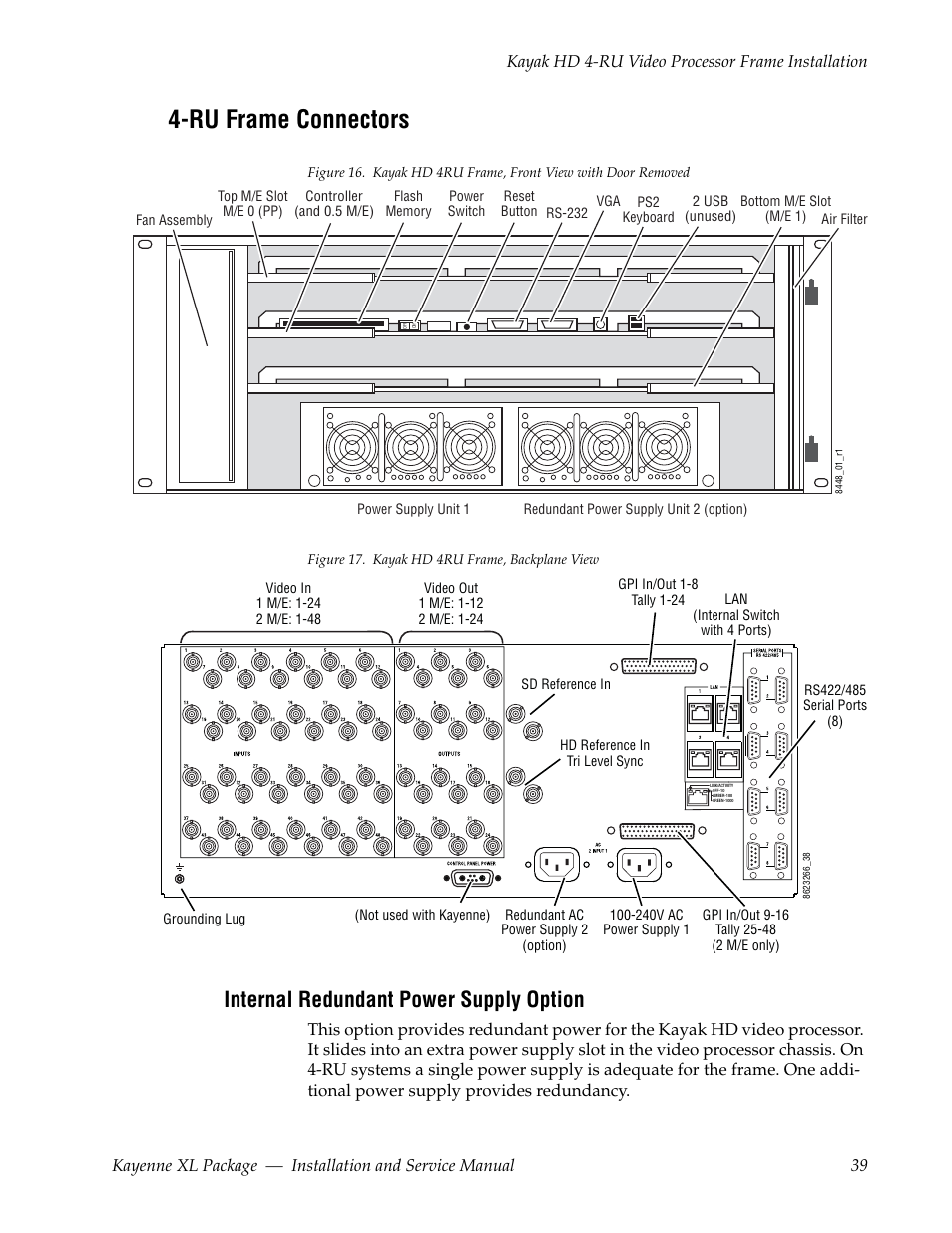 Ru frame connectors, Internal redundant power supply option | Grass Valley Kayenne XL Package Installation v.7.0.2 User Manual | Page 39 / 164