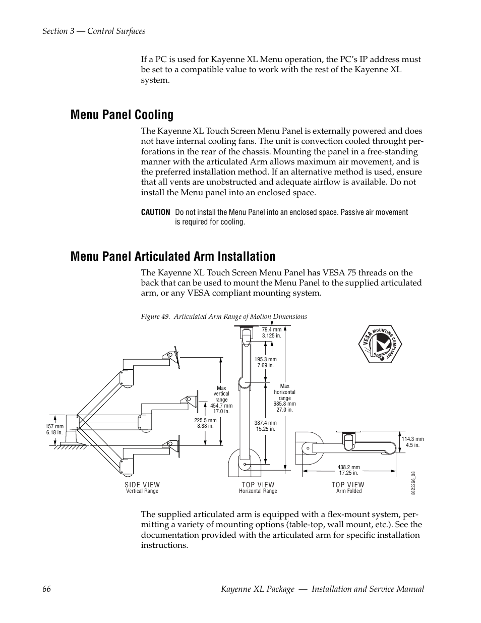 Menu panel cooling, Menu panel articulated arm installation | Grass Valley Kayenne XL Package Installation v.7.0.2 User Manual | Page 66 / 164