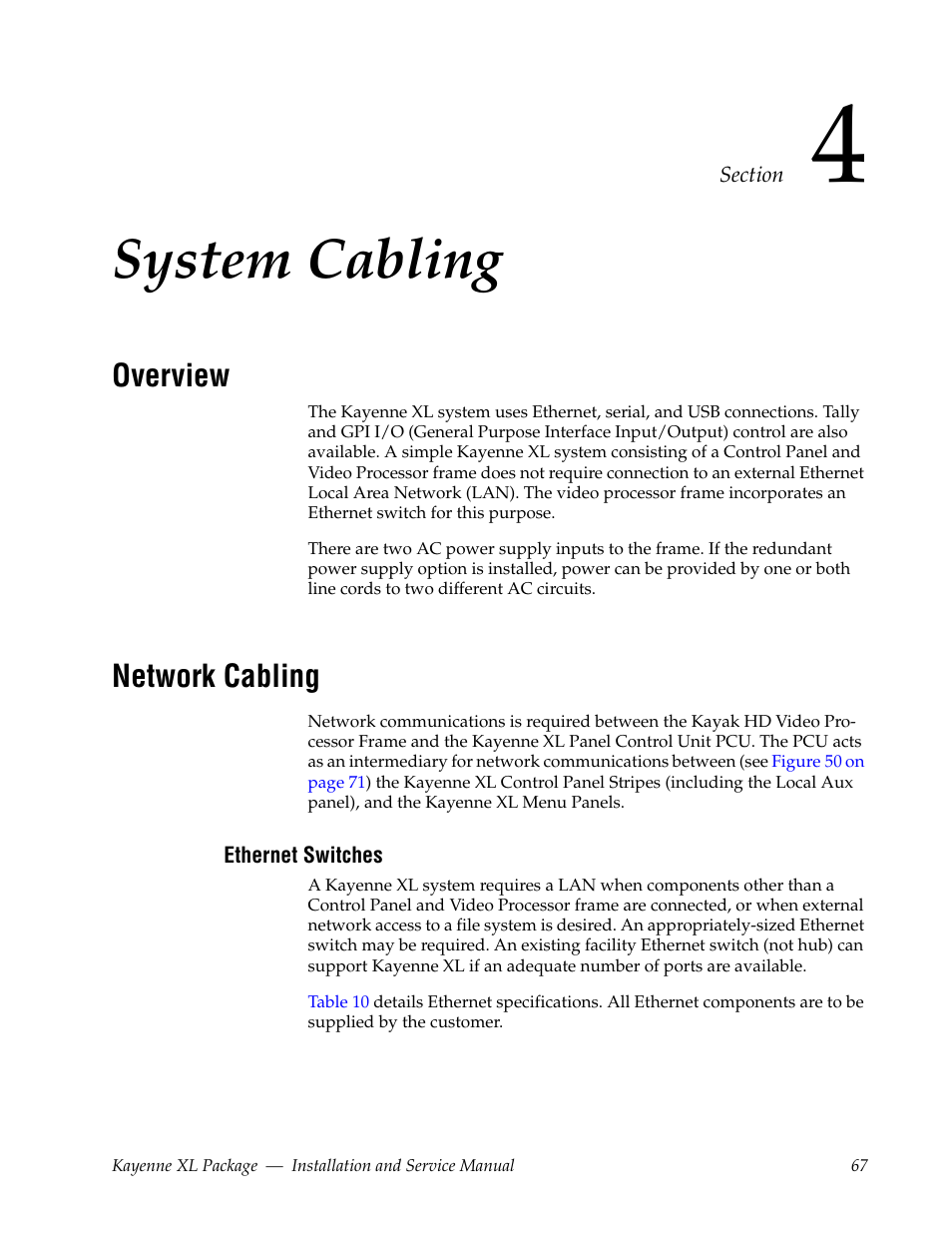 System cabling, Overview, Network cabling | Ethernet switches, Section 4 — system cabling | Grass Valley Kayenne XL Package Installation v.7.0.2 User Manual | Page 67 / 164