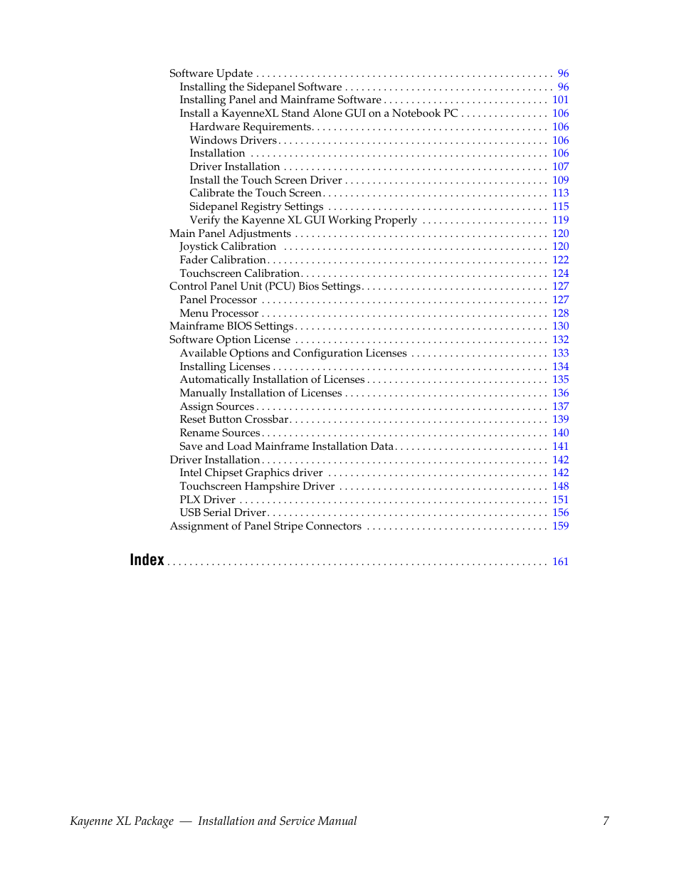 Index | Grass Valley Kayenne XL Package Installation v.7.0.2 User Manual | Page 7 / 164