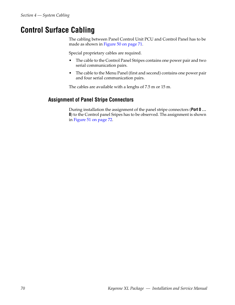 Control surface cabling, Assignment of panel stripe connectors | Grass Valley Kayenne XL Package Installation v.7.0.2 User Manual | Page 70 / 164