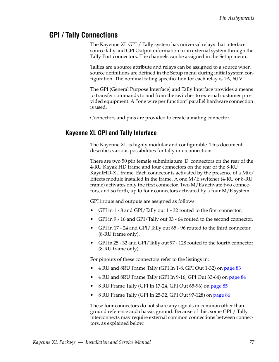 Gpi / tally connections, Kayenne xl gpi and tally interface | Grass Valley Kayenne XL Package Installation v.7.0.2 User Manual | Page 77 / 164
