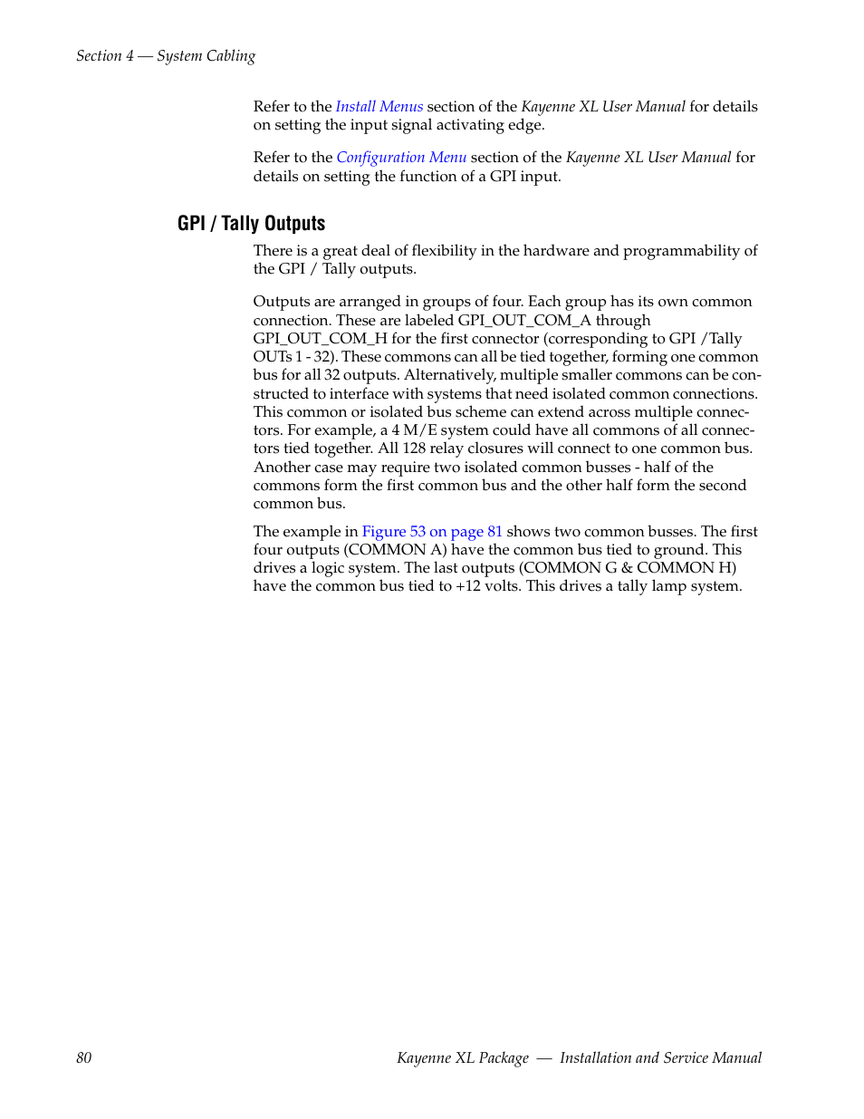 Gpi / tally outputs | Grass Valley Kayenne XL Package Installation v.7.0.2 User Manual | Page 80 / 164