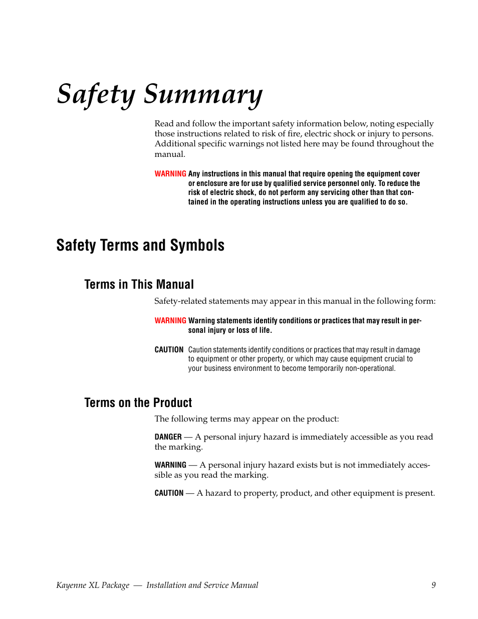 Safety summary, Safety terms and symbols, Terms in this manual | Terms on the product | Grass Valley Kayenne XL Package Installation v.7.0.2 User Manual | Page 9 / 164