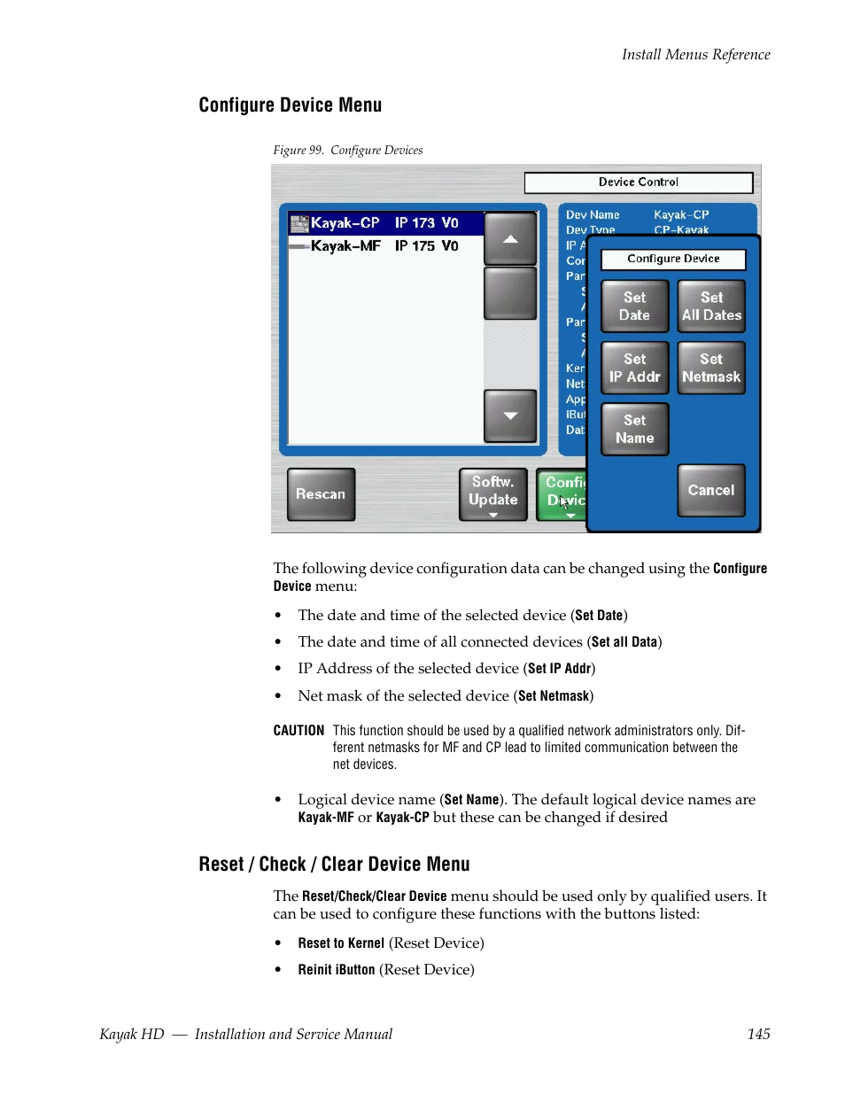 Configure device menu, Reset / check / clear device menu | Grass Valley Kayak HD Installation v.6.9.4 Jun 02 2011 User Manual | Page 145 / 216