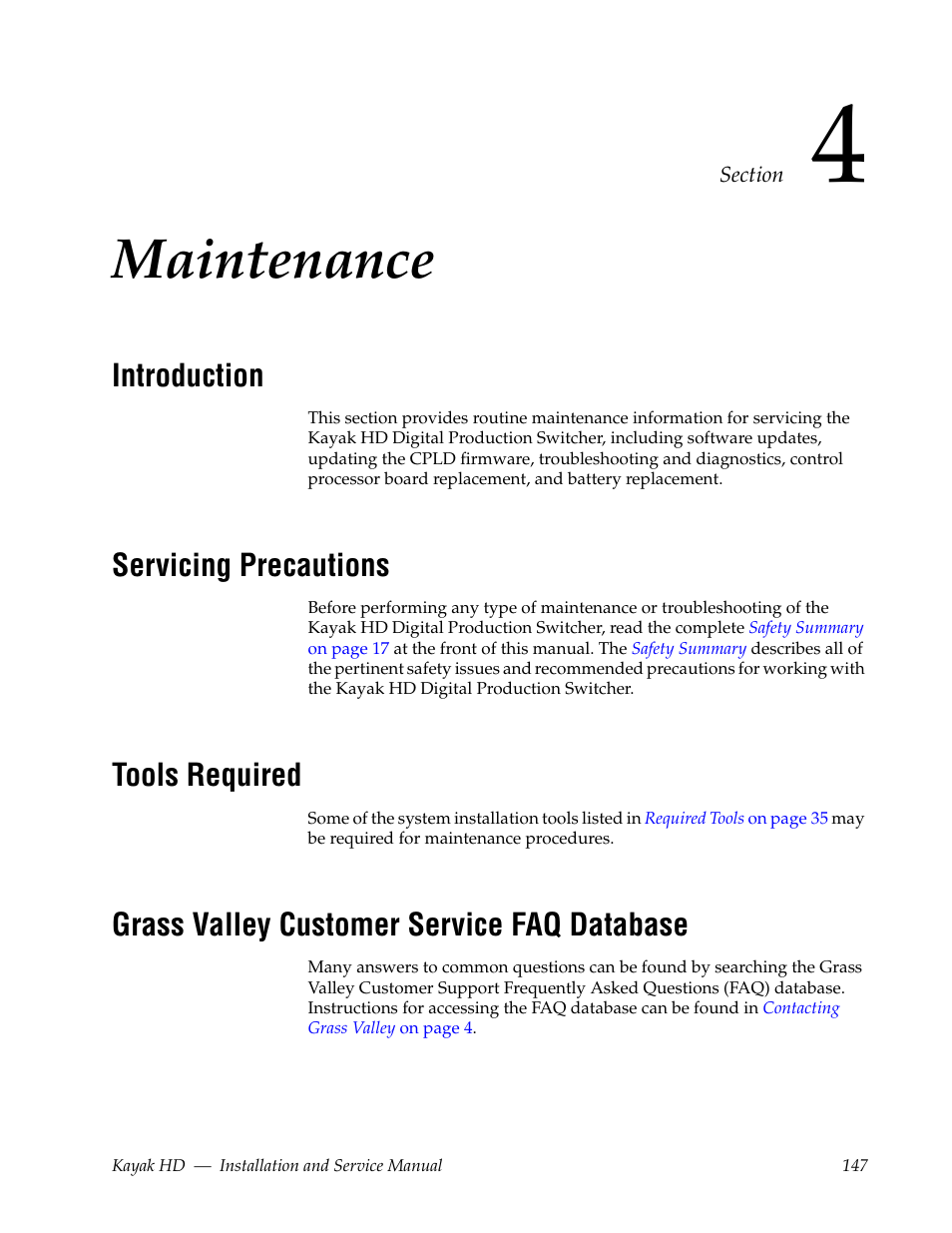 Maintenance, Introduction, Servicing precautions | Tools required, Grass valley customer service faq database, Section 4 — maintenance | Grass Valley Kayak HD Installation v.6.9.4 Jun 02 2011 User Manual | Page 147 / 216