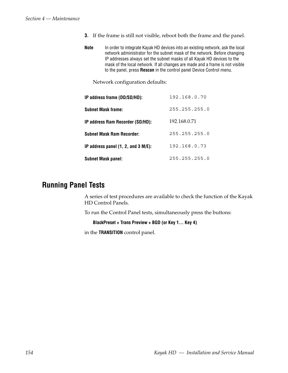 Running panel tests | Grass Valley Kayak HD Installation v.6.9.4 Jun 02 2011 User Manual | Page 154 / 216