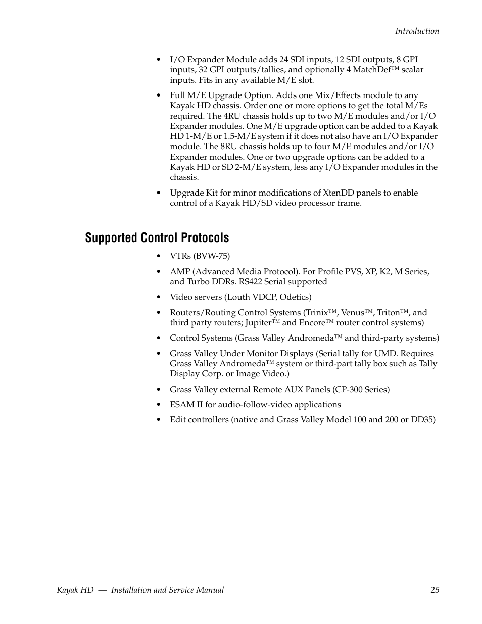 Supported control protocols | Grass Valley Kayak HD Installation v.6.9.4 Jun 02 2011 User Manual | Page 25 / 216