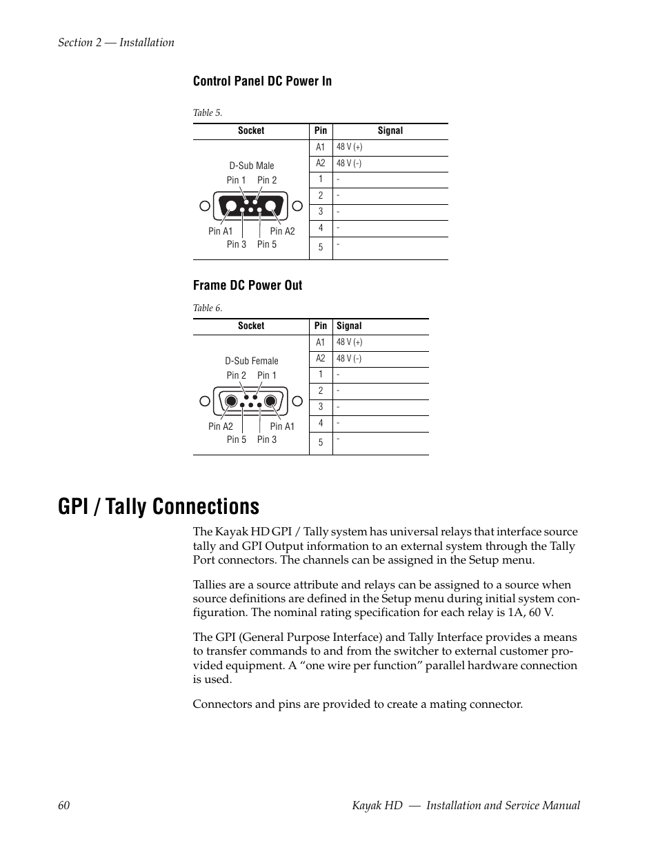 Gpi / tally connections | Grass Valley Kayak HD Installation v.6.9.4 Jun 02 2011 User Manual | Page 60 / 216