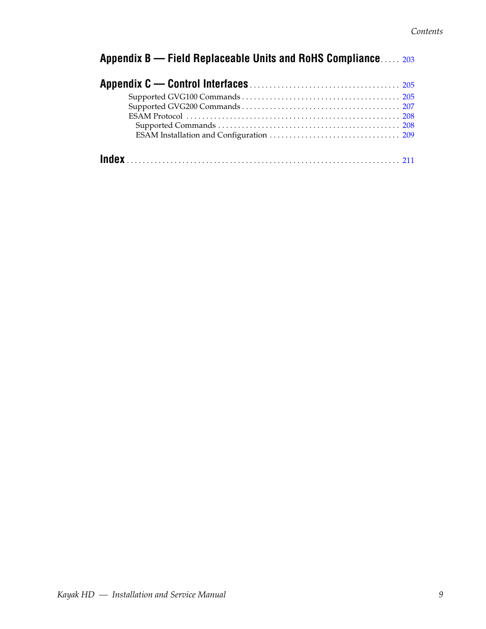 Appendix c — control interfaces, Index | Grass Valley Kayak HD Installation v.6.9.4 Jun 02 2011 User Manual | Page 9 / 216