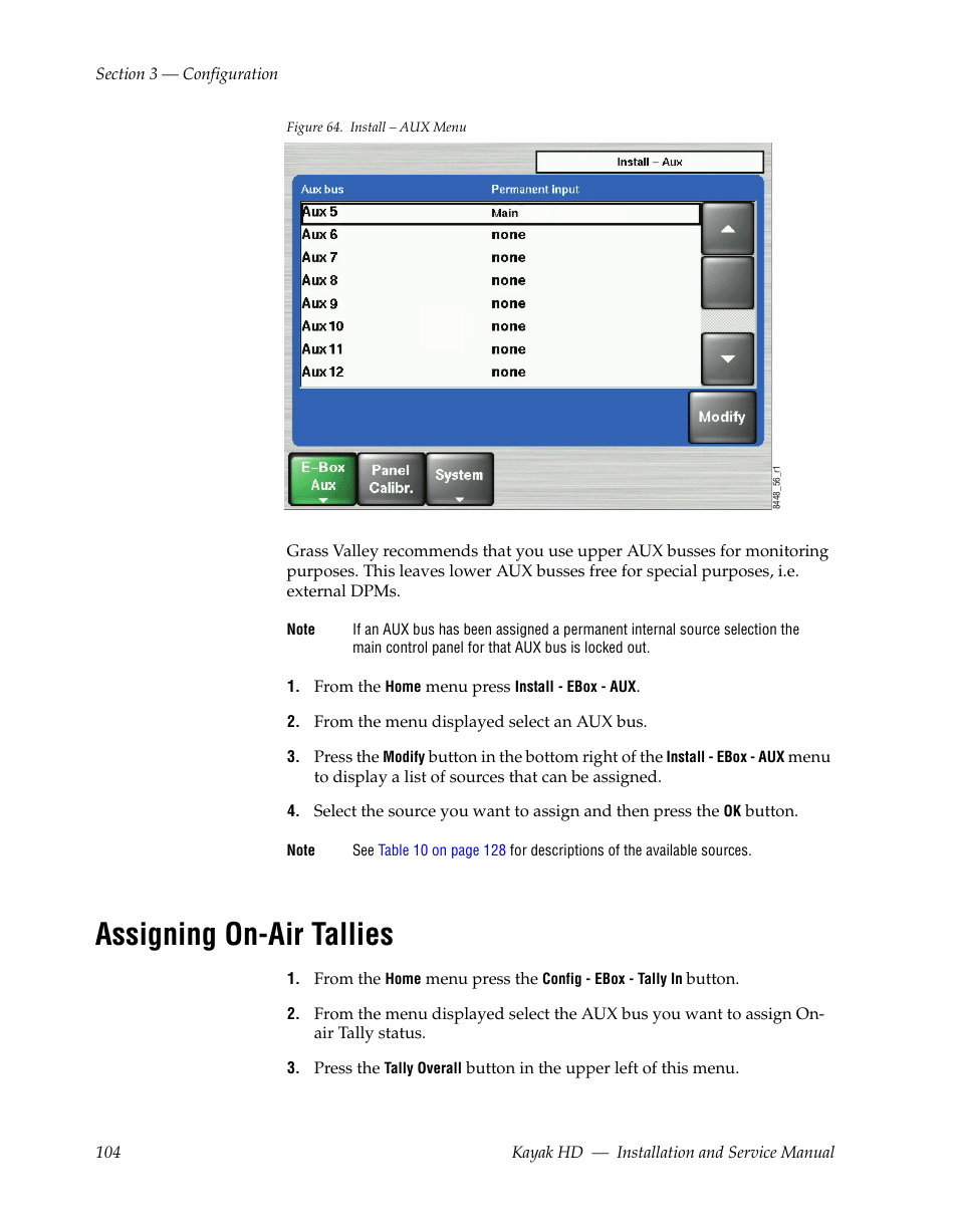 Assigning on-air tallies | Grass Valley Kayak HD Installation v.6.8.8 User Manual | Page 104 / 184