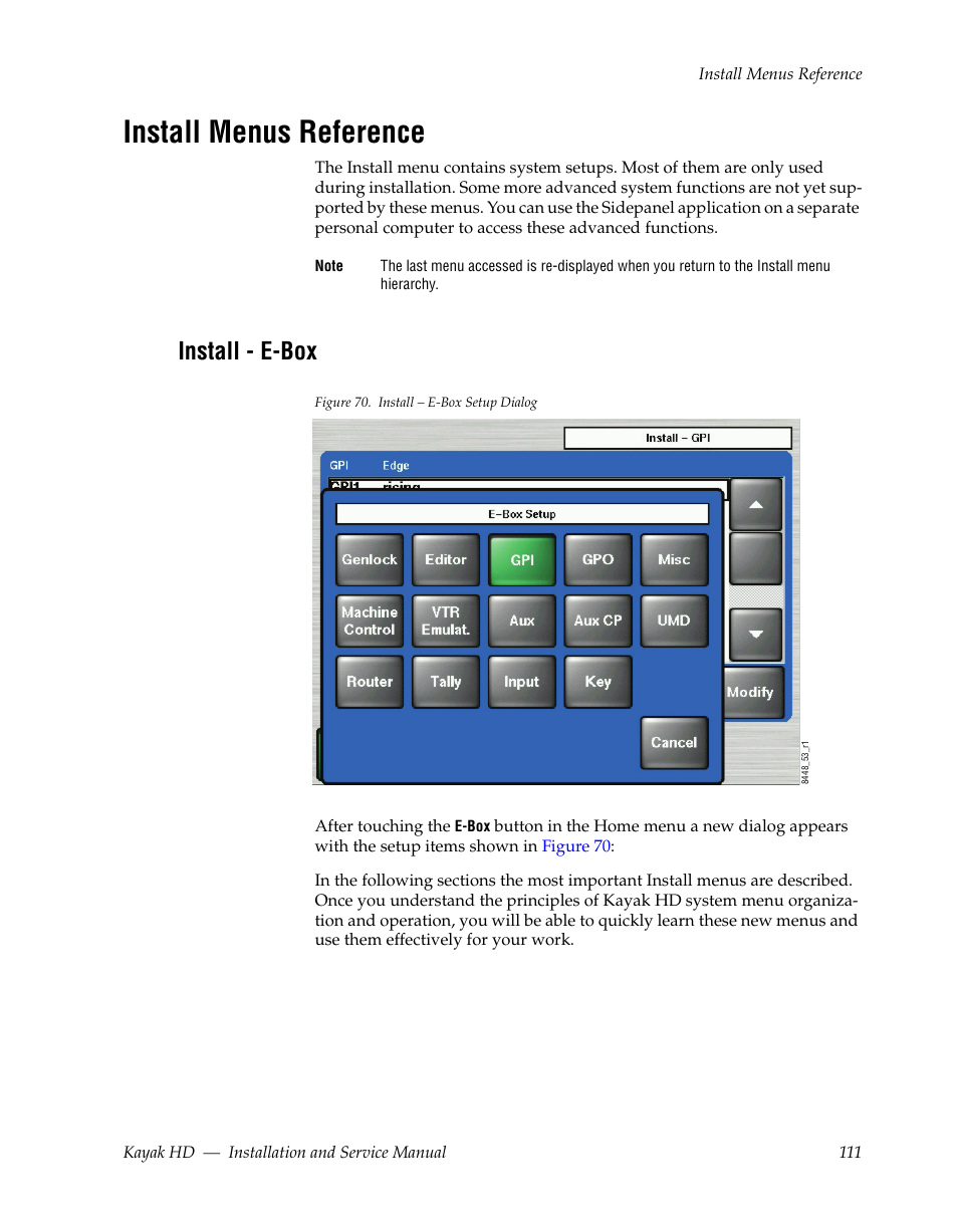 Install menus reference, Install - e-box | Grass Valley Kayak HD Installation v.6.8.8 User Manual | Page 111 / 184