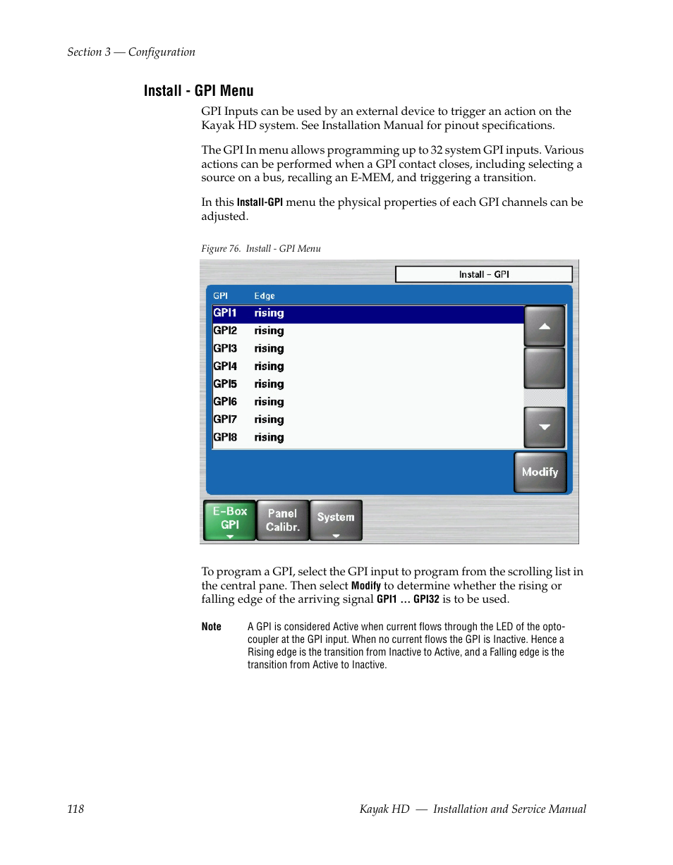 Install - gpi menu | Grass Valley Kayak HD Installation v.6.8.8 User Manual | Page 118 / 184