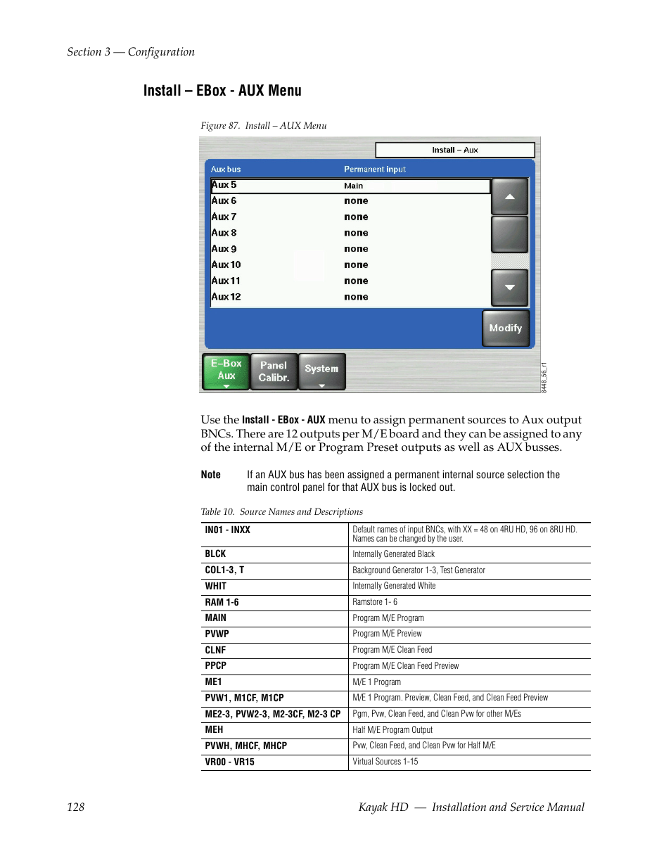 Install - ebox - aux menu, Install – ebox - aux menu | Grass Valley Kayak HD Installation v.6.8.8 User Manual | Page 128 / 184