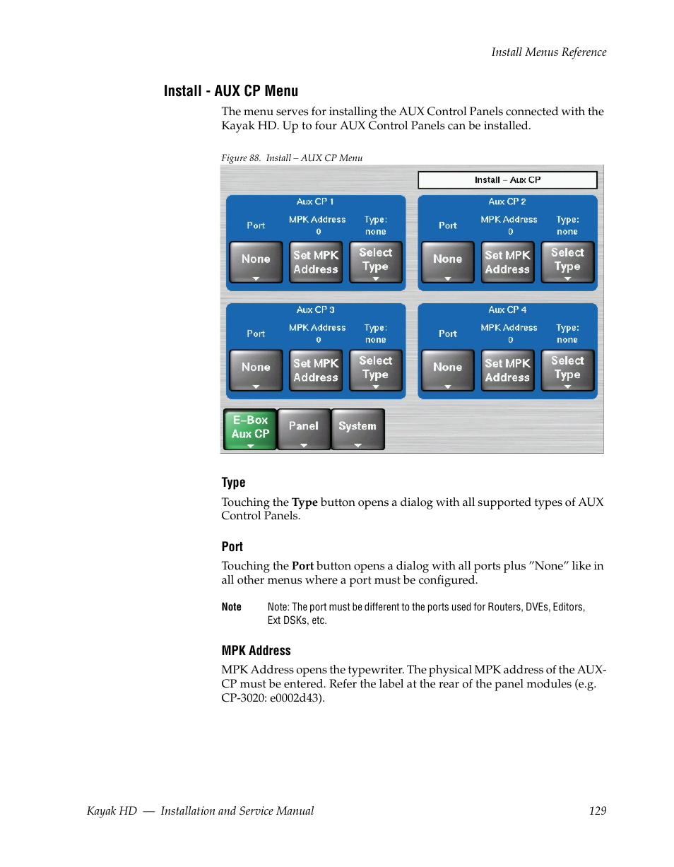 Install - aux cp menu | Grass Valley Kayak HD Installation v.6.8.8 User Manual | Page 129 / 184