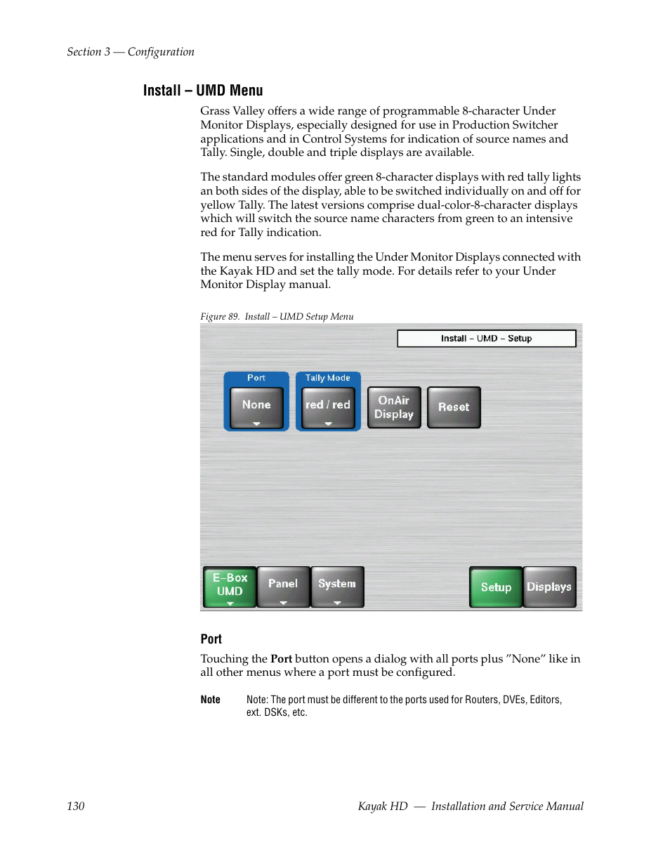 Install - umd menu, Install – umd menu | Grass Valley Kayak HD Installation v.6.8.8 User Manual | Page 130 / 184