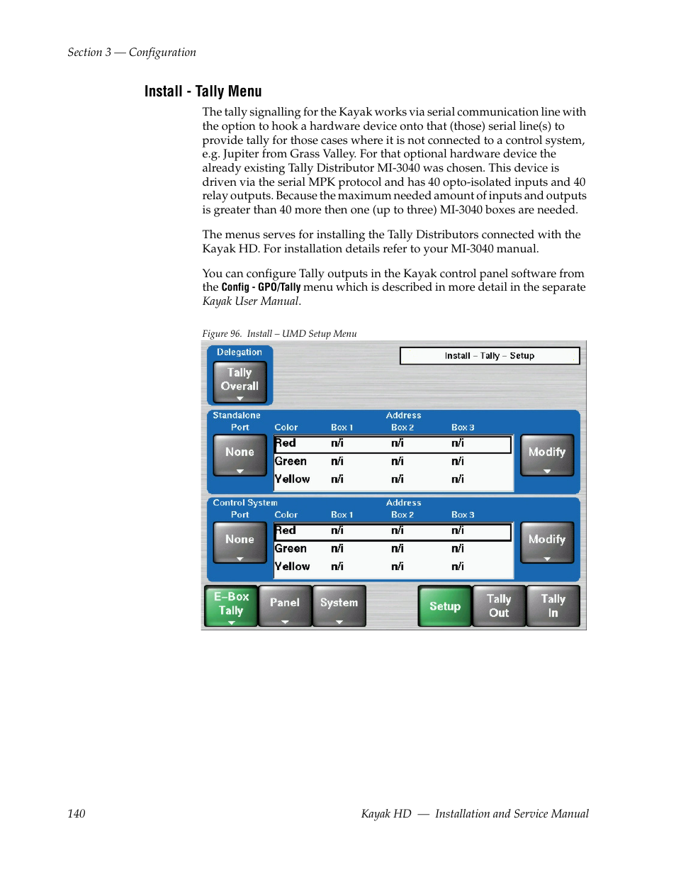 Install - tally menu | Grass Valley Kayak HD Installation v.6.8.8 User Manual | Page 140 / 184