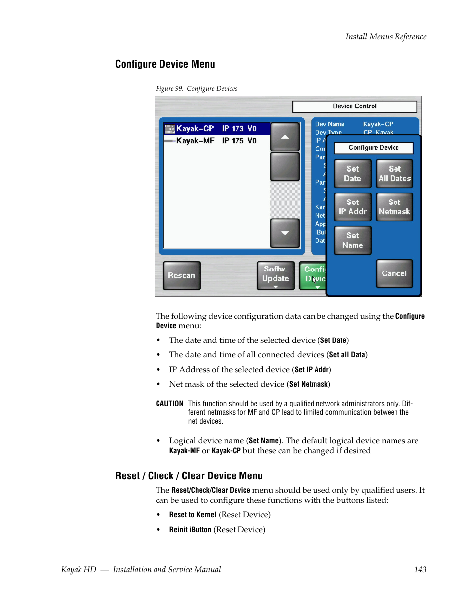 Configure device menu, Reset / check / clear device menu | Grass Valley Kayak HD Installation v.6.8.8 User Manual | Page 143 / 184