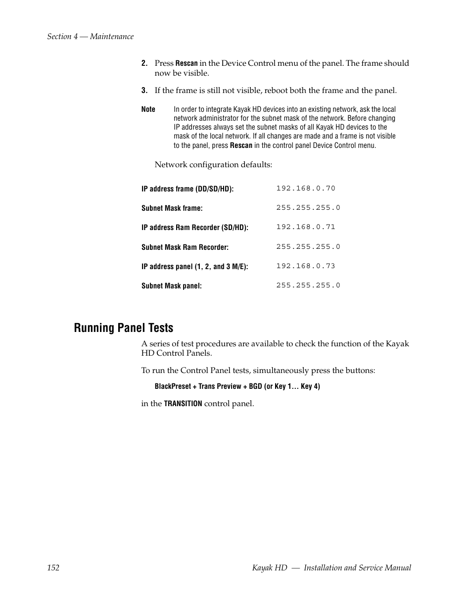 Running panel tests | Grass Valley Kayak HD Installation v.6.8.8 User Manual | Page 152 / 184