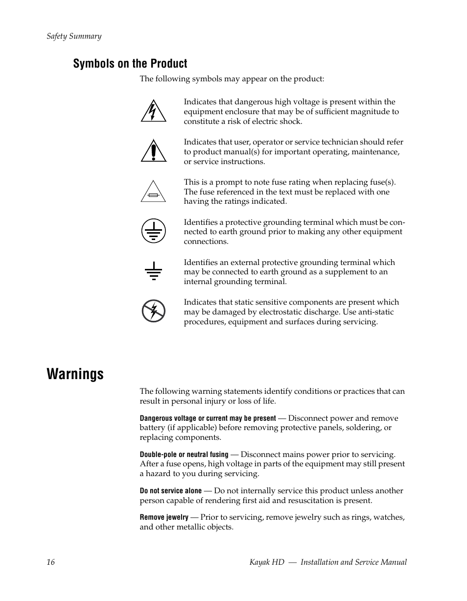 Symbols on the product, Warnings | Grass Valley Kayak HD Installation v.6.8.8 User Manual | Page 16 / 184