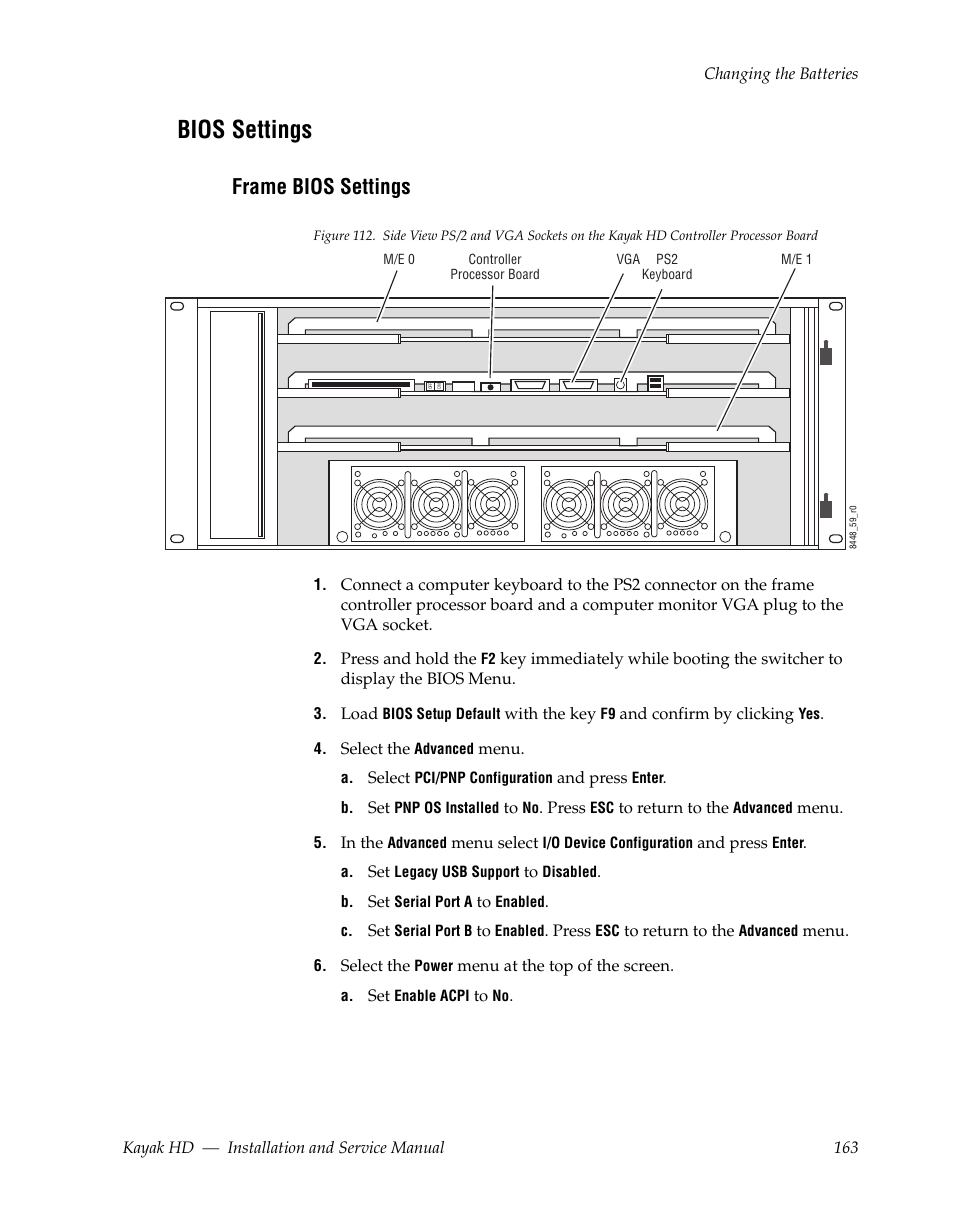 Bios settings, Frame bios settings | Grass Valley Kayak HD Installation v.6.8.8 User Manual | Page 163 / 184