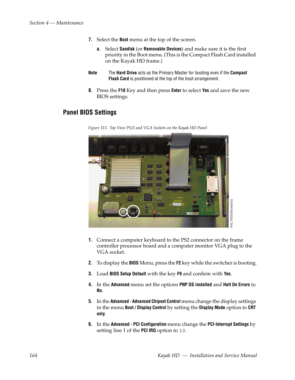 Panel bios settings | Grass Valley Kayak HD Installation v.6.8.8 User Manual | Page 164 / 184