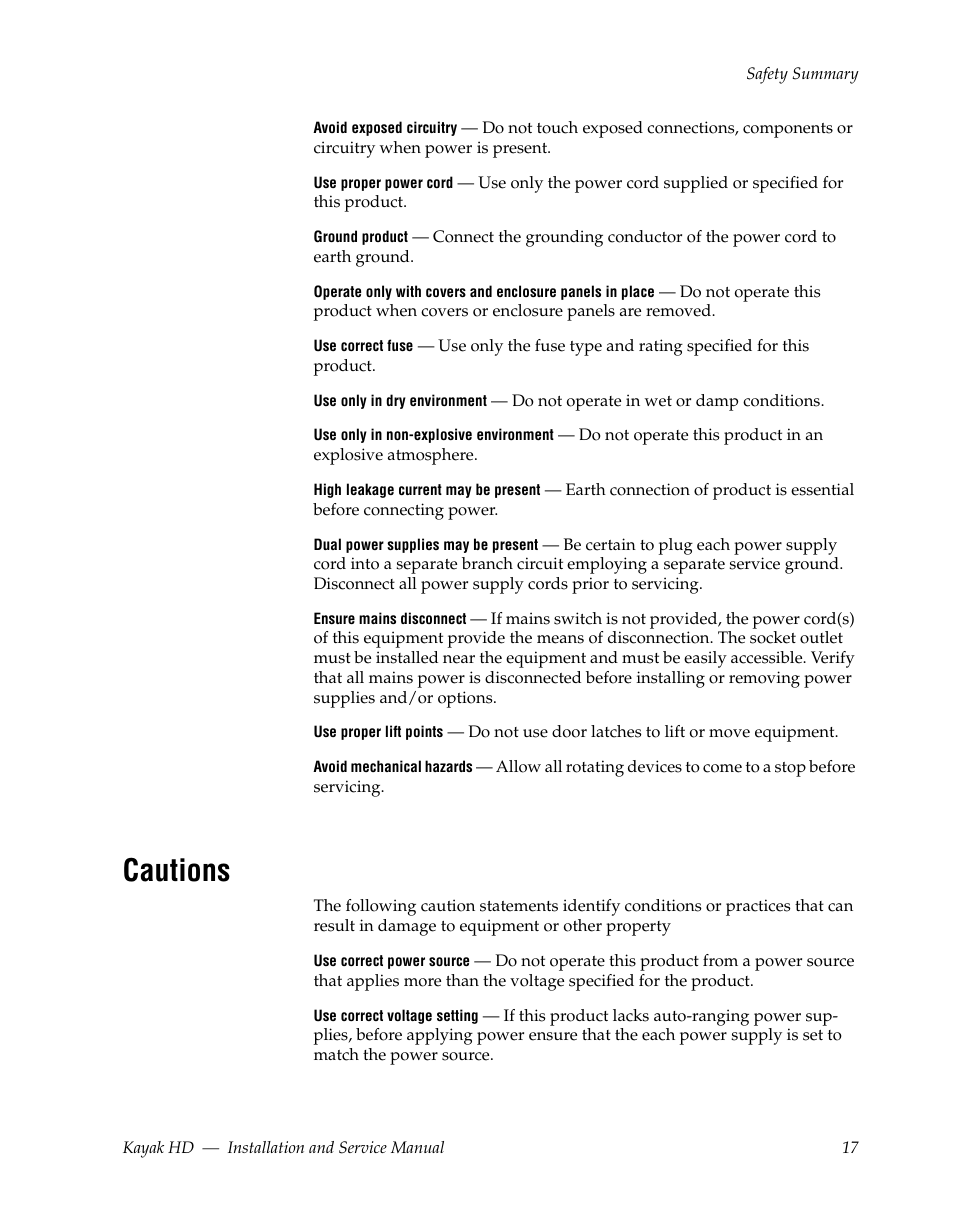 Cautions | Grass Valley Kayak HD Installation v.6.8.8 User Manual | Page 17 / 184