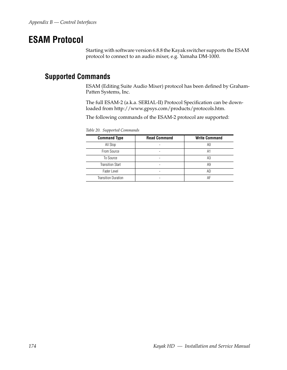 Esam protocol, Supported commands | Grass Valley Kayak HD Installation v.6.8.8 User Manual | Page 174 / 184