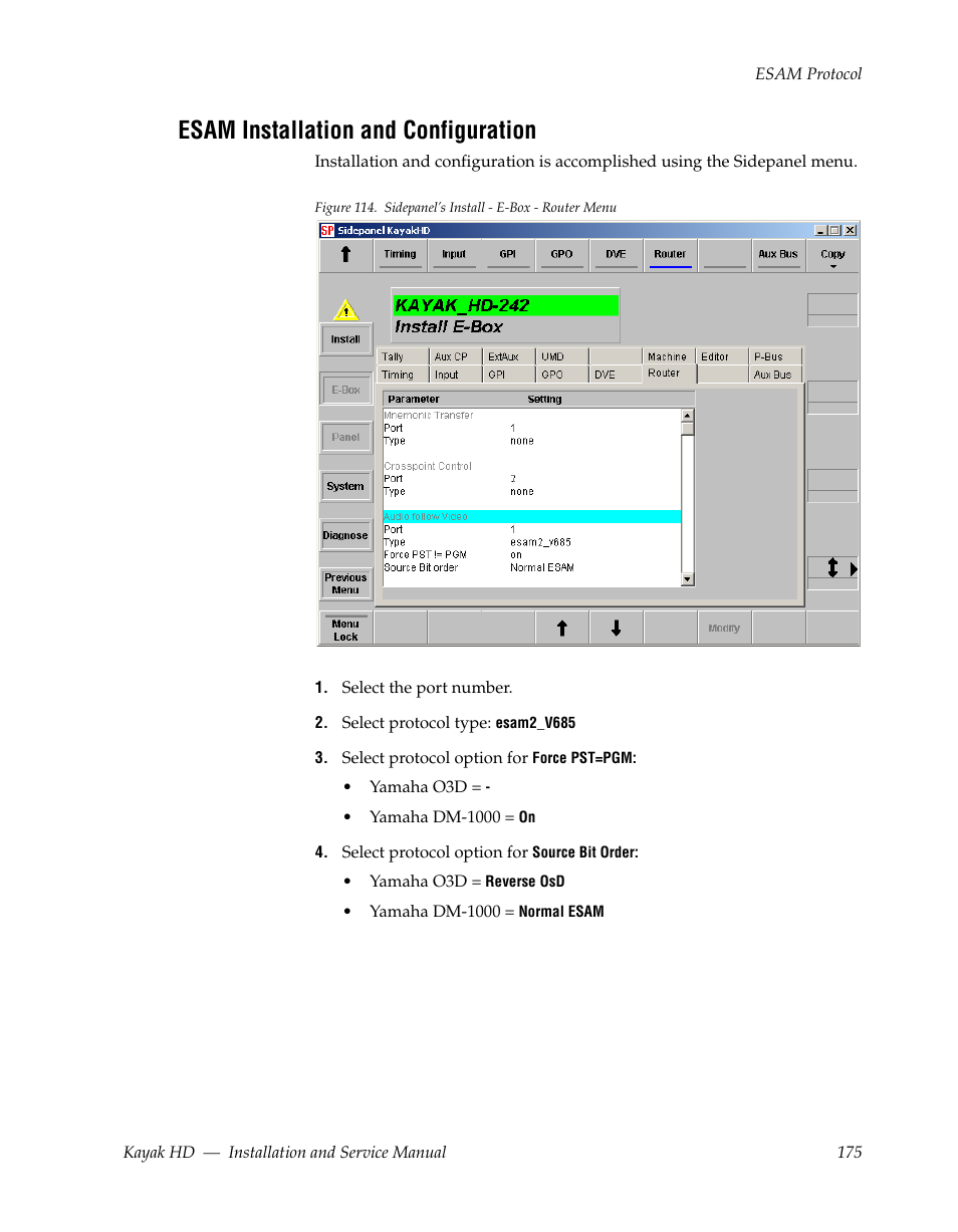 Esam installation and configuration | Grass Valley Kayak HD Installation v.6.8.8 User Manual | Page 175 / 184