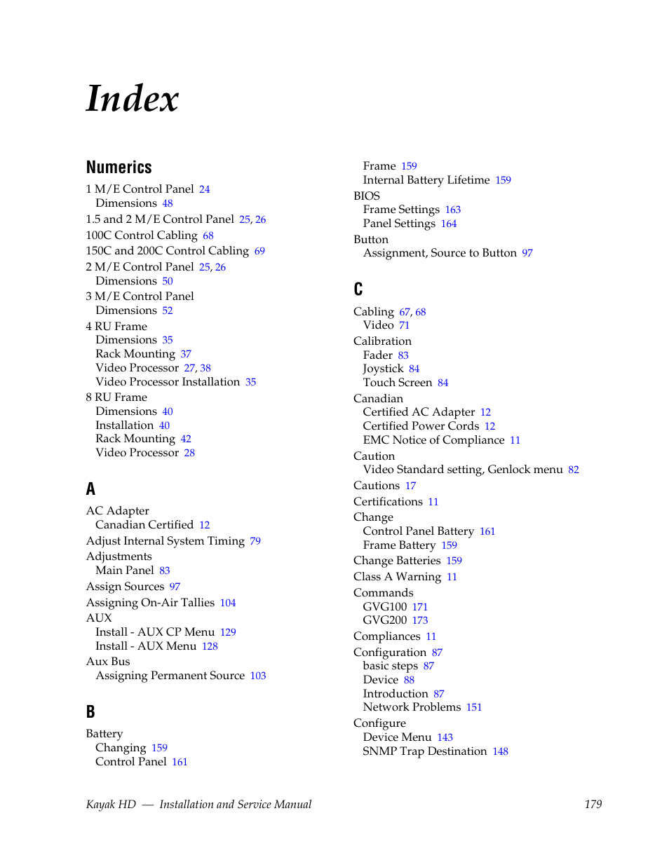 Index, Numerics | Grass Valley Kayak HD Installation v.6.8.8 User Manual | Page 179 / 184