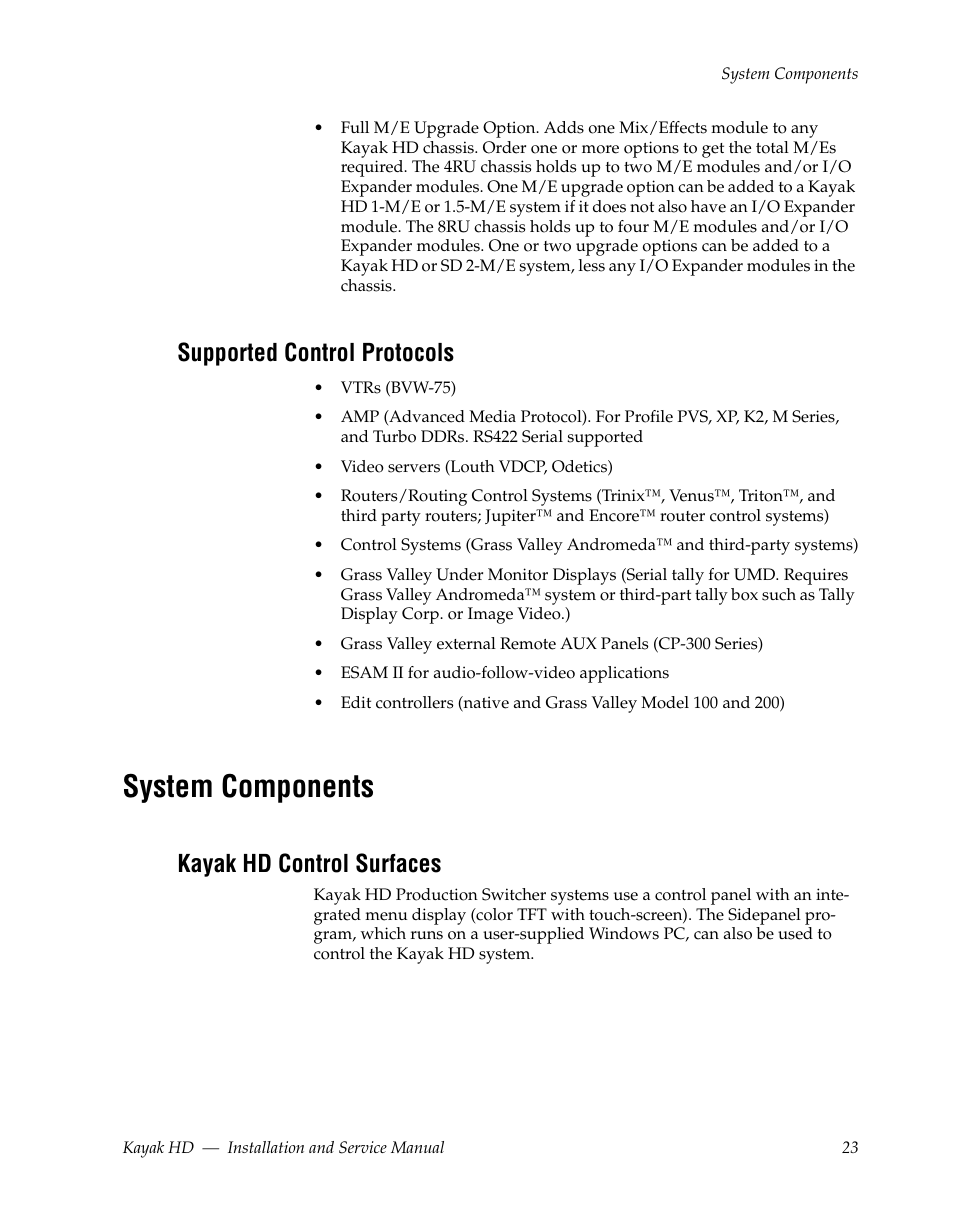 Supported control protocols, System components, Kayak hd control surfaces | Grass Valley Kayak HD Installation v.6.8.8 User Manual | Page 23 / 184